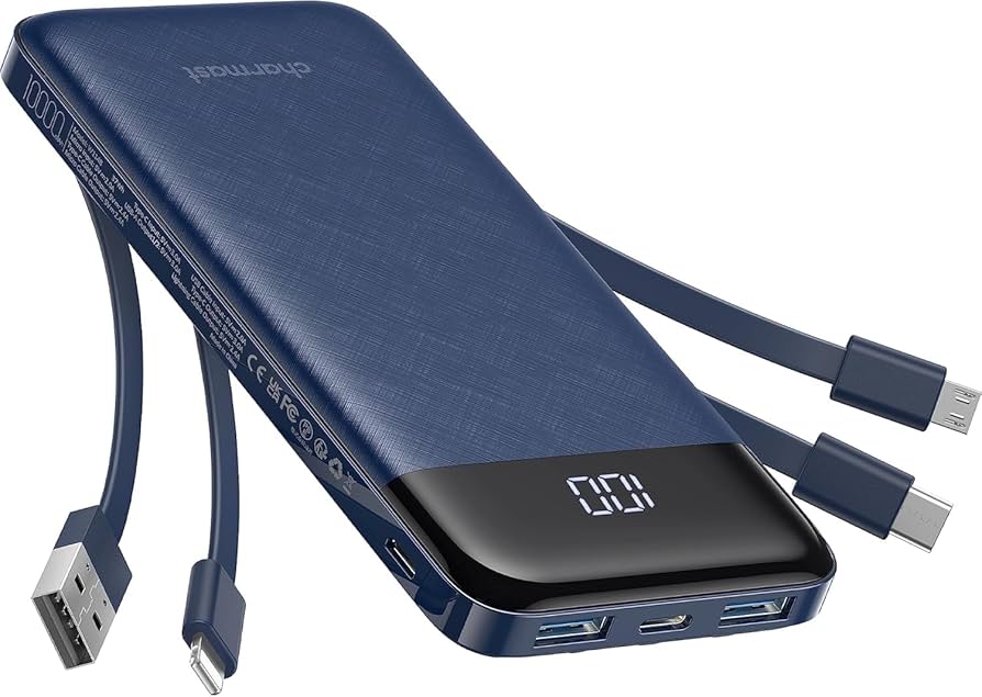 Portable Charger with Built in Cables, Portable Charger with Cords Wires Slim 10000mAh Travel Essentials Battery