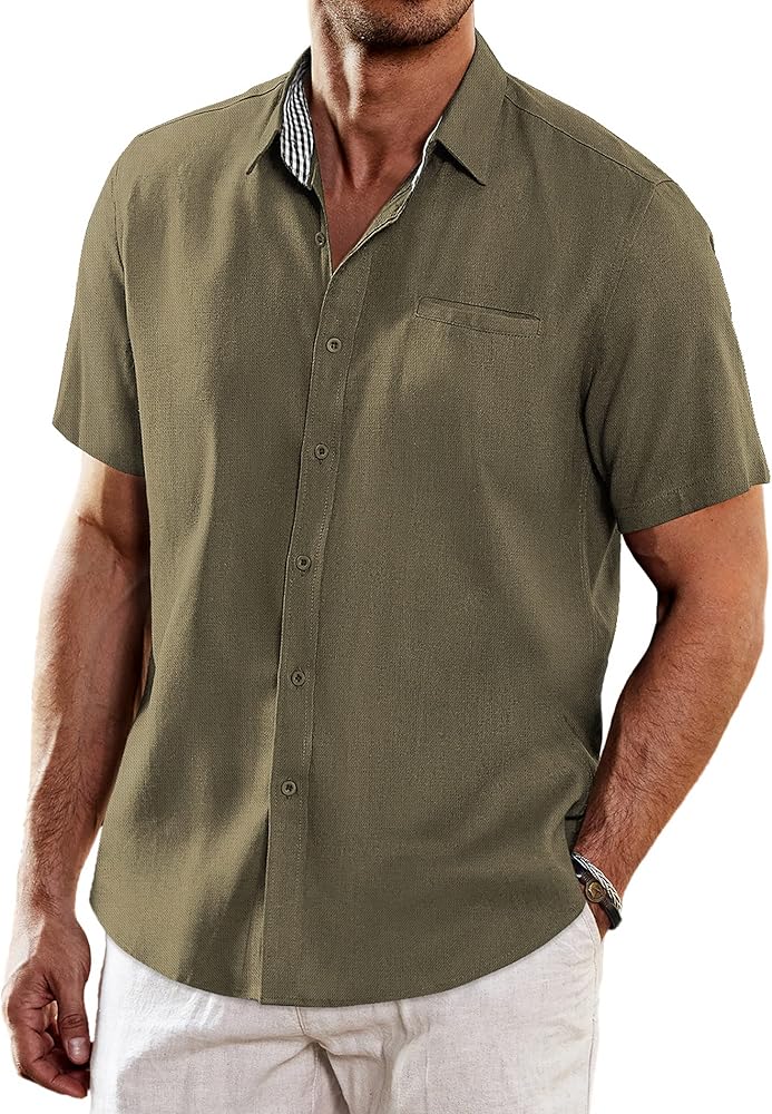 COOFANDY Men's Linen Shirts Short Sleeve Casual Shirts Button Down Shirt for Men Beach Summer Wedding Shirt