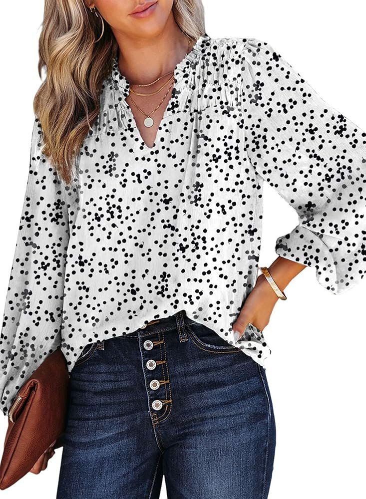 Dokotoo Women's Casual V Neck Alicia Floral Print Smocked Long Sleeve Chiffon Blouses Bohemian Top Shirts