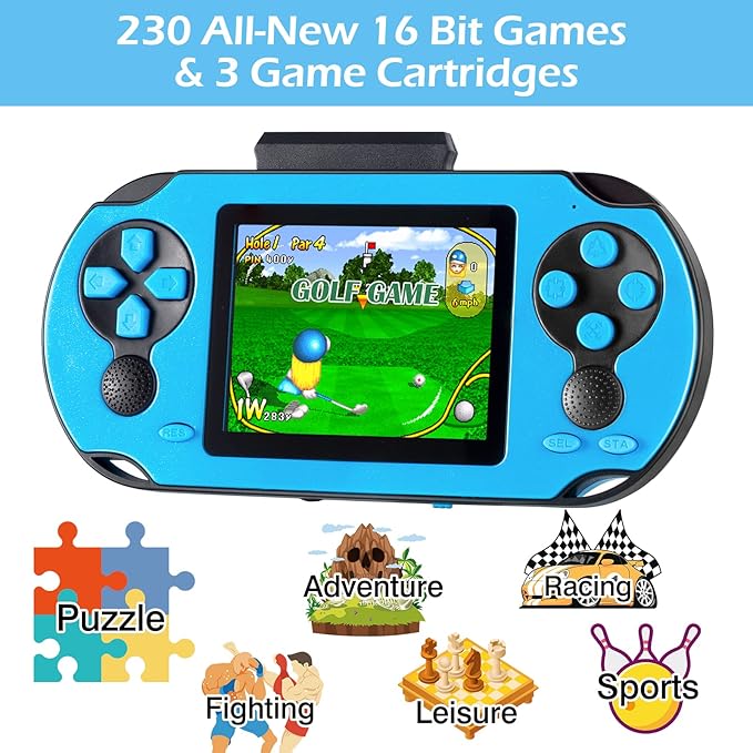 16 Bit Handheld Game for Kids Adults, 3.0'' Large Screen Preloaded 230 HD - Image 2