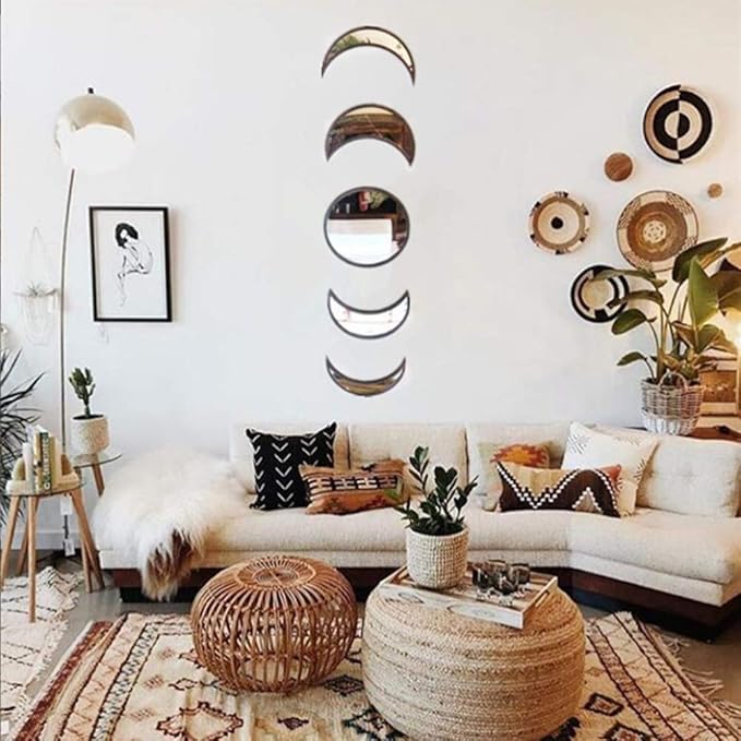 5 Pieces Scandinavian Natural Decor Acrylic Wall Decorative Mirror Interior Design Wooden - Image 3
